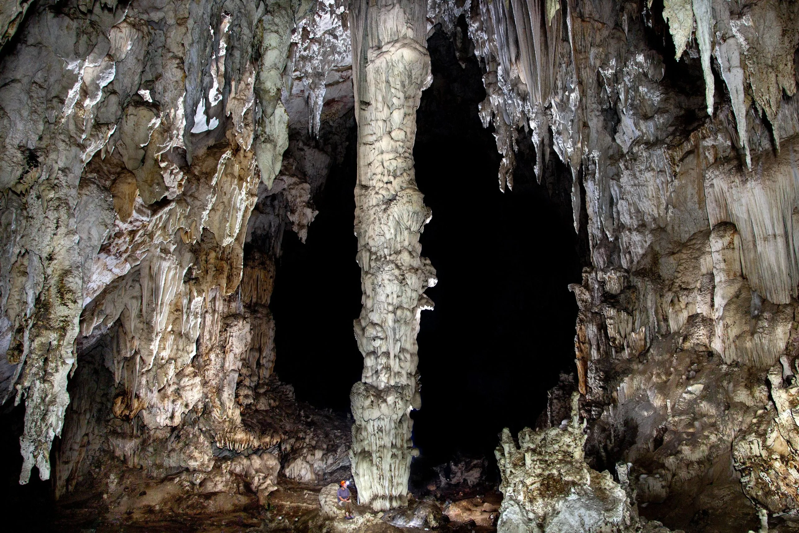 Limestone columns and stalactites inside a cave near Soppong