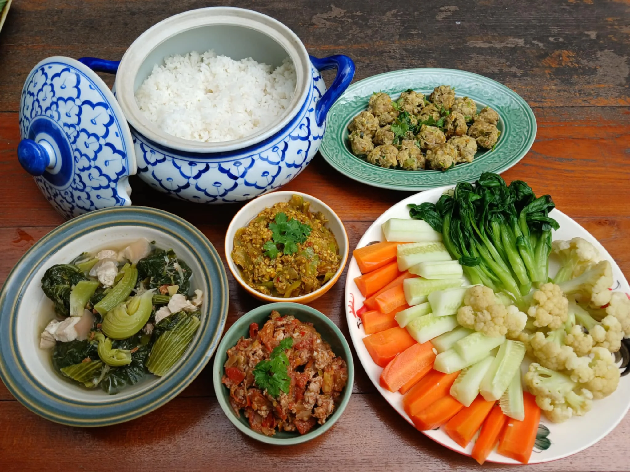 Shan feast of rice, meatballs, dips, soup and fresh vegetables on a wooden table